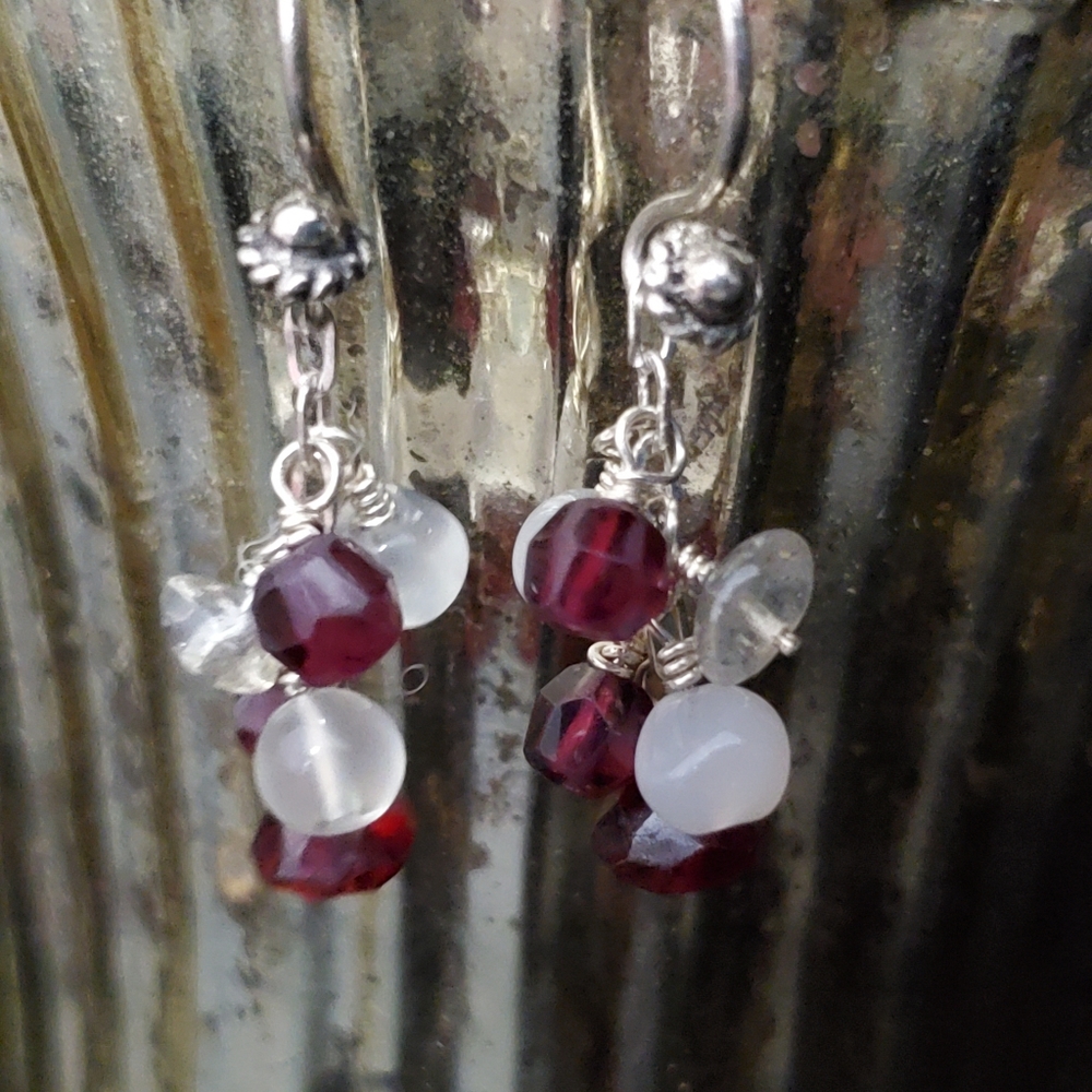 Garnet & Moonstone Dangle Earrings - Picture 2 of 10